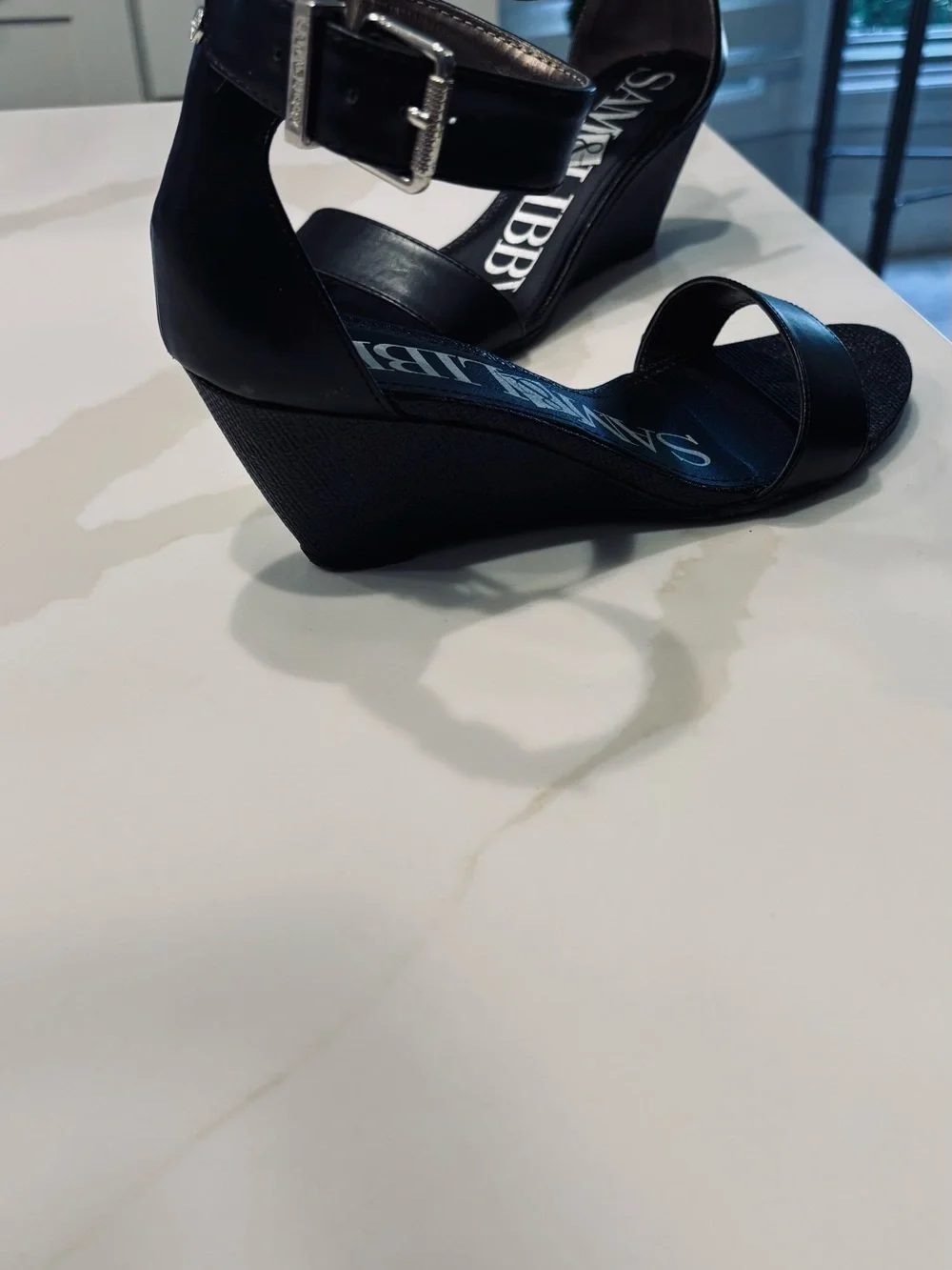 Sam & Libby Black Ankle-Strap Wedge Sandals